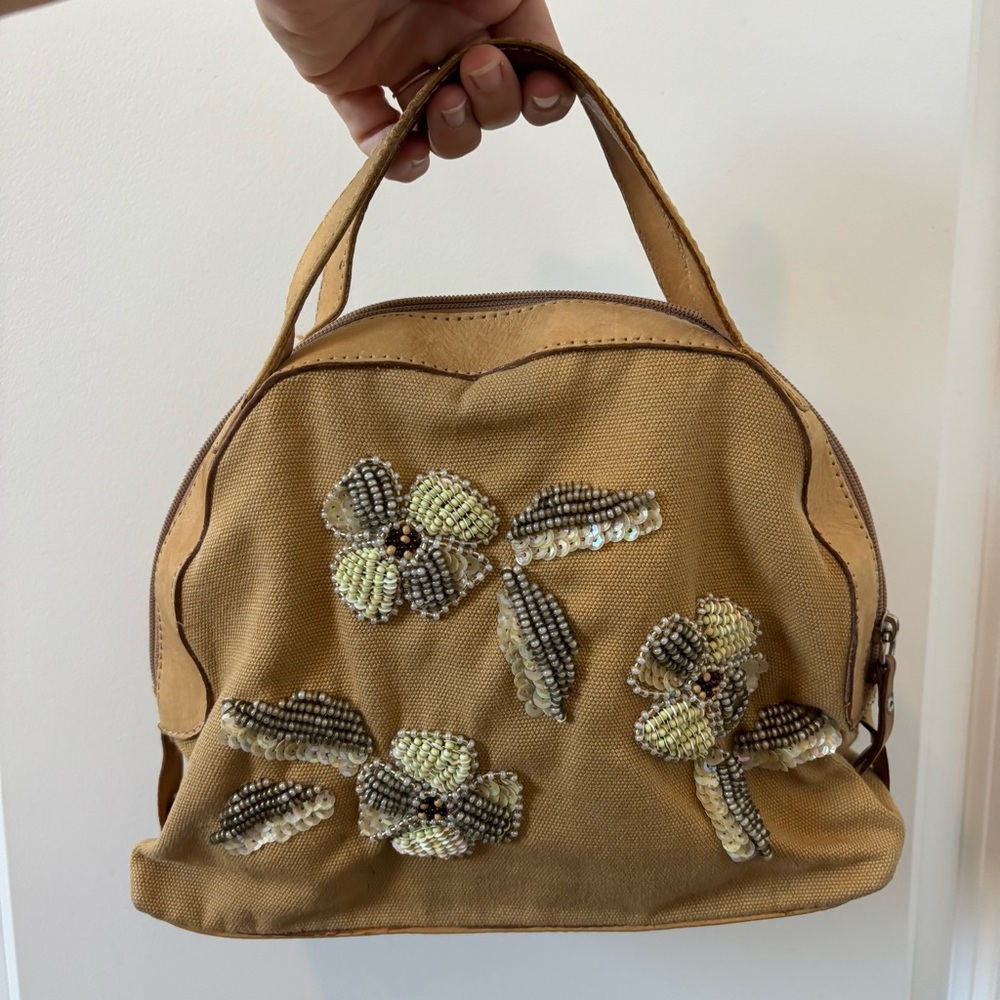 Vintage Canvas with Leather Trim Beaded Floral Accent Handbag Tote Y2K